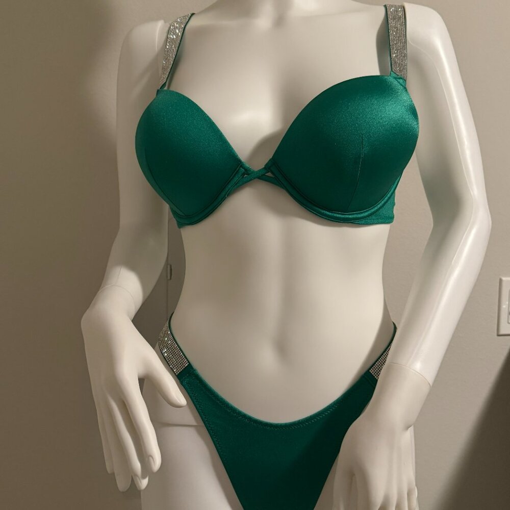 Victoria's Secret Shine Strap Swim Bombshell Push-up Set Thong Green